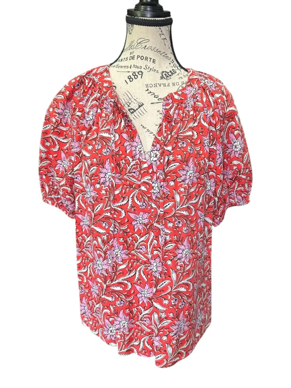 LOFT Spring Bloom Tie Neck Floral Puff Sleeve Peasant Top
